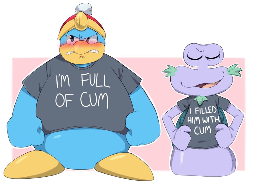 angry anthro blue_body blue_feathers blush clothing duo embarrassed feathers hat headgear headwear humor male male/male novelty_clothing purple_body suggestive_shirt suggestive_topwear text st637 i'm_full_of_cum kirby_(series) nintendo escargoon king_dedede avian bird gastropod mollusk penguin snail english_text hi_res