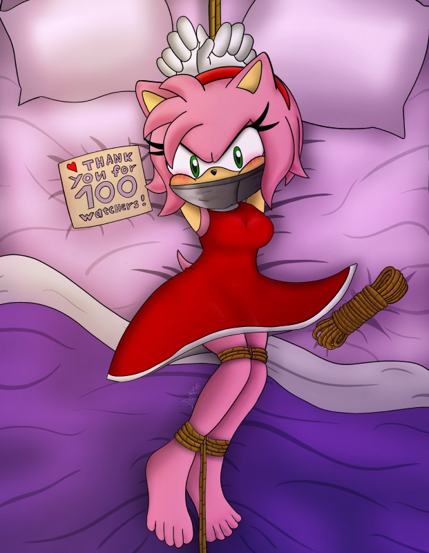 5_toes anthro barefoot bdsm bed blush bondage bound clothed clothing feet female fully_clothed furniture gag gagged heart_symbol looking_at_viewer restraints rope rope_bondage solo tape tape_gag text toes darkman-zero sega sonic_the_hedgehog_(series) amy_rose eulipotyphlan hedgehog mammal absurd_res english_text hi_res