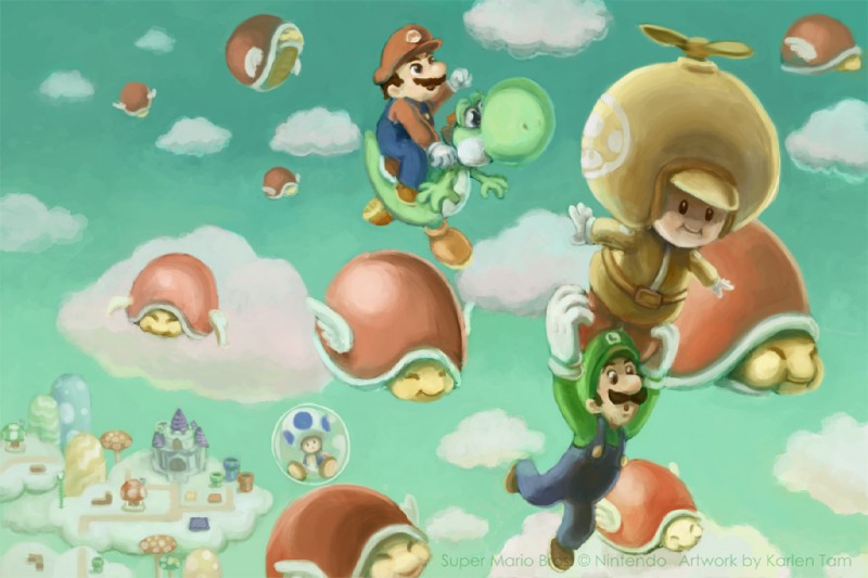 bubble castle cloud facial_hair flying fungus group male mushroom mustache kgoggles mario_bros nintendo luigi mario propeller_yellow_toad blue_toad dinosaur green_yoshi heavy_para-beetle human koopa mammal para-beetle prehistoric_species reptile scalie toad_(mario) turtle yellow_toad yoshi brother_(lore) brothers_(lore) sibling_(lore) twins_(lore)