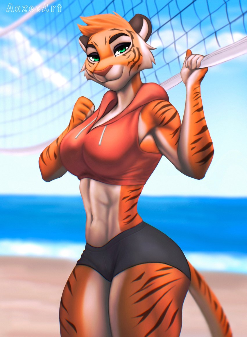 abs anthro athletic athletic_female beach bottomwear breasts clothed clothing female net outside seaside solo thick_thighs topwear volleyball_net aozee natasha_katenka felid mammal pantherine tiger digital_media_(artwork) hi_res shaded