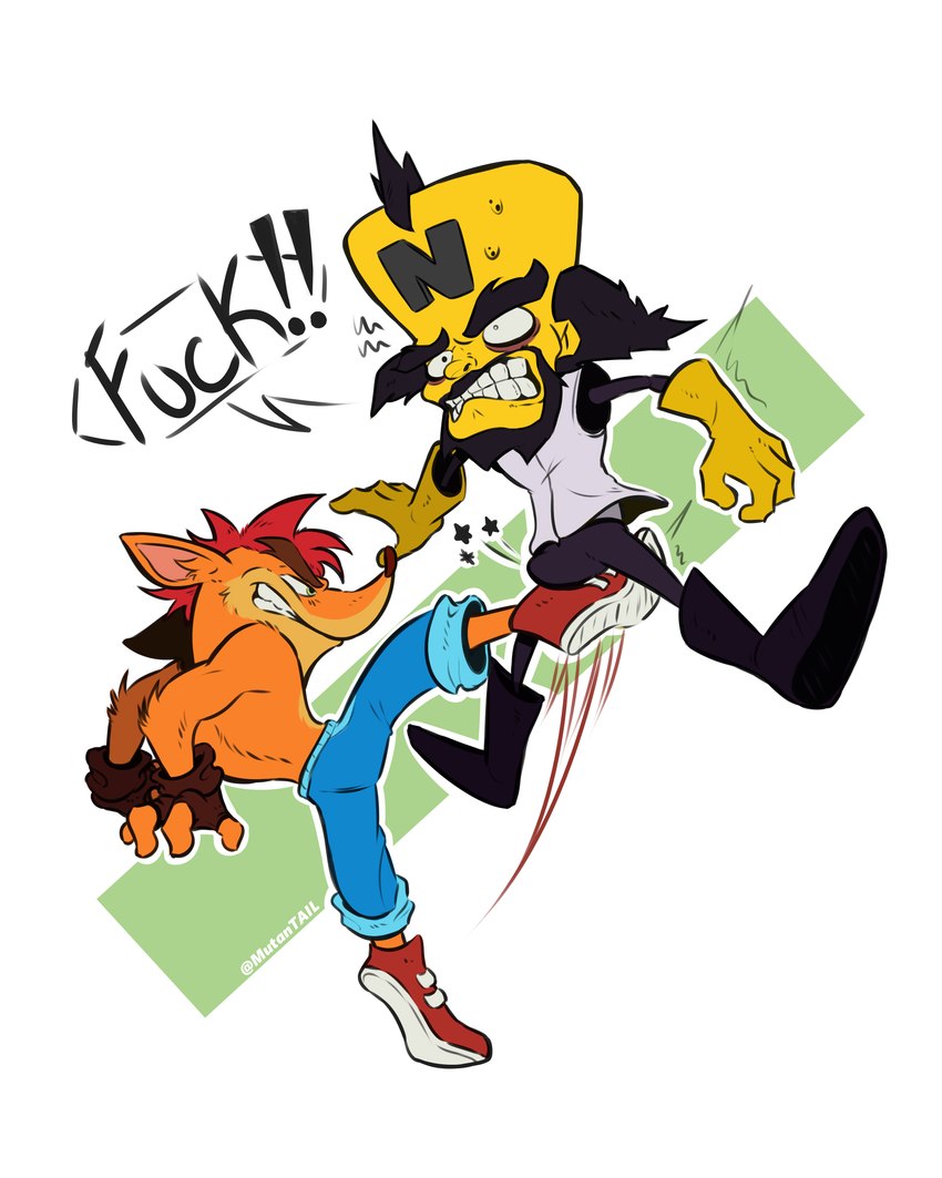 angry anthro attack ballbusting bodily_fluids bulge clothing cock_and_ball_torture crotch_attack crotch_kick duo fur genital_torture genitals grin kick male male/male penis shocked smile sweat tight_clothing mutantail activision crash_bandicoot_(series) crash_bandicoot doctor_neo_cortex bandicoot human mammal marsupial 4:5 absurd_res hi_res