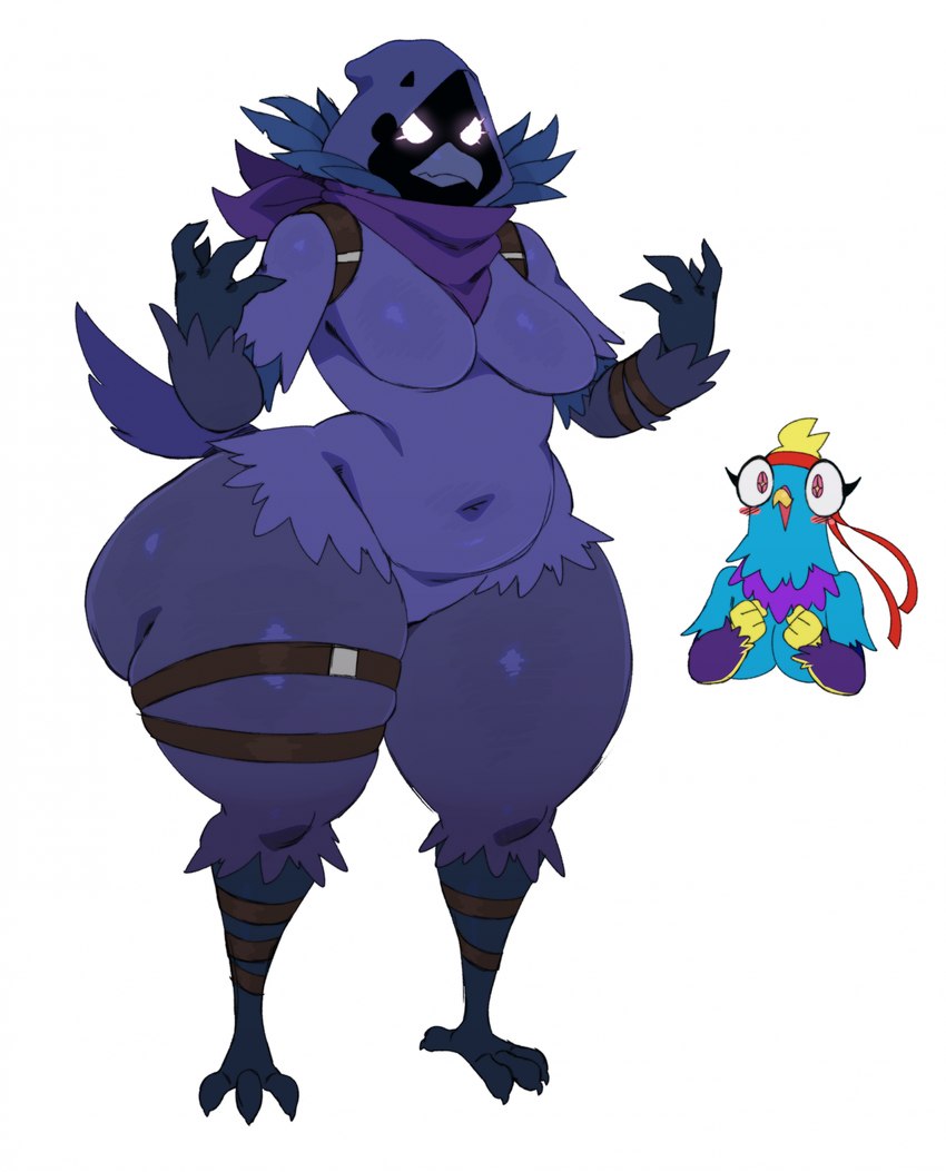 3_toes accessory anthro avian_feet backpack beak blue_body blue_feathers blush breasts cloak clothing duo eyelashes feathers feet female glowing glowing_eyes headband hoodie navel purple_beak purple_body purple_feathers red_headband simple_background thick_thighs toes topwear white_background white_eyes wide_hips sssonic2 epic_games fortnite budge_(fortnite) corvus_(fortnite) avian bird chicken corvid corvus_(genus) crow galliform gallus_(genus) oscine passerine phasianid hi_res