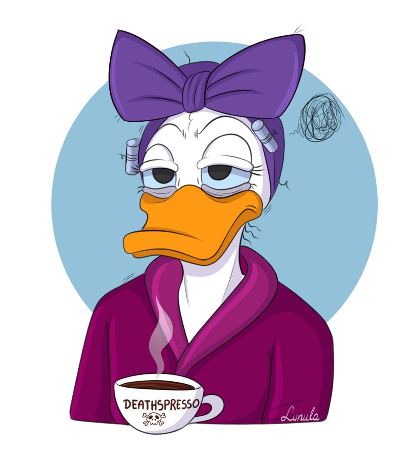 1950s_theme accessory anthro bathrobe beak beverage bow_ribbon clothing coffee curlers exhausted female hair_accessory hair_bow hair_ribbon ribbons robe solo tired_expression tired_eyes tired_look tired_of_this_shit towel towel_on_head kinkypeach disney donald_duck_shorts how_to_have_an_accident_at_work daisy_duck anatid anseriform avian bird duck portrait mother_(lore) parent_(lore)