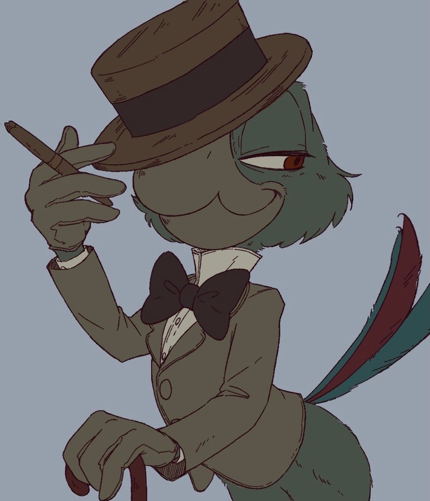 anthro bottomless bow_tie cigar clothed clothing feathers gloves green_body green_feathers half-closed_eyes handwear hat headgear headwear male narrowed_eyes red_eyes smile smirk solo suit tail tail_feathers top_hat walking_cane baytaboo disney the_three_caballeros jose_carioca avian bird parrot