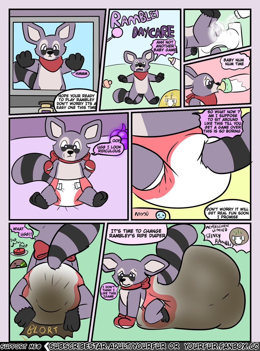 ageplay bottle container diaper feces force_feeding forced male mitten_hands roleplay soiled_diaper text unclean_diaper used_diaper yourfur indigo_park rambley_raccoon mammal procyonid raccoon comic english_text hi_res