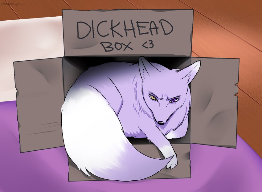 alternate_species ambiguous_gender angry box cardboard cardboard_box cats_are_liquid container feral feralized fluffy fluffy_tail fur furrification heterochromia humor in_box in_container inner_ear_fluff paws pointy_ears prick_ears purple_body purple_fur solo tail text tuft moon-gu dogshaming nu:_carnival kuya_(nu:_carnival) canid canine fox mammal english_text hi_res meme