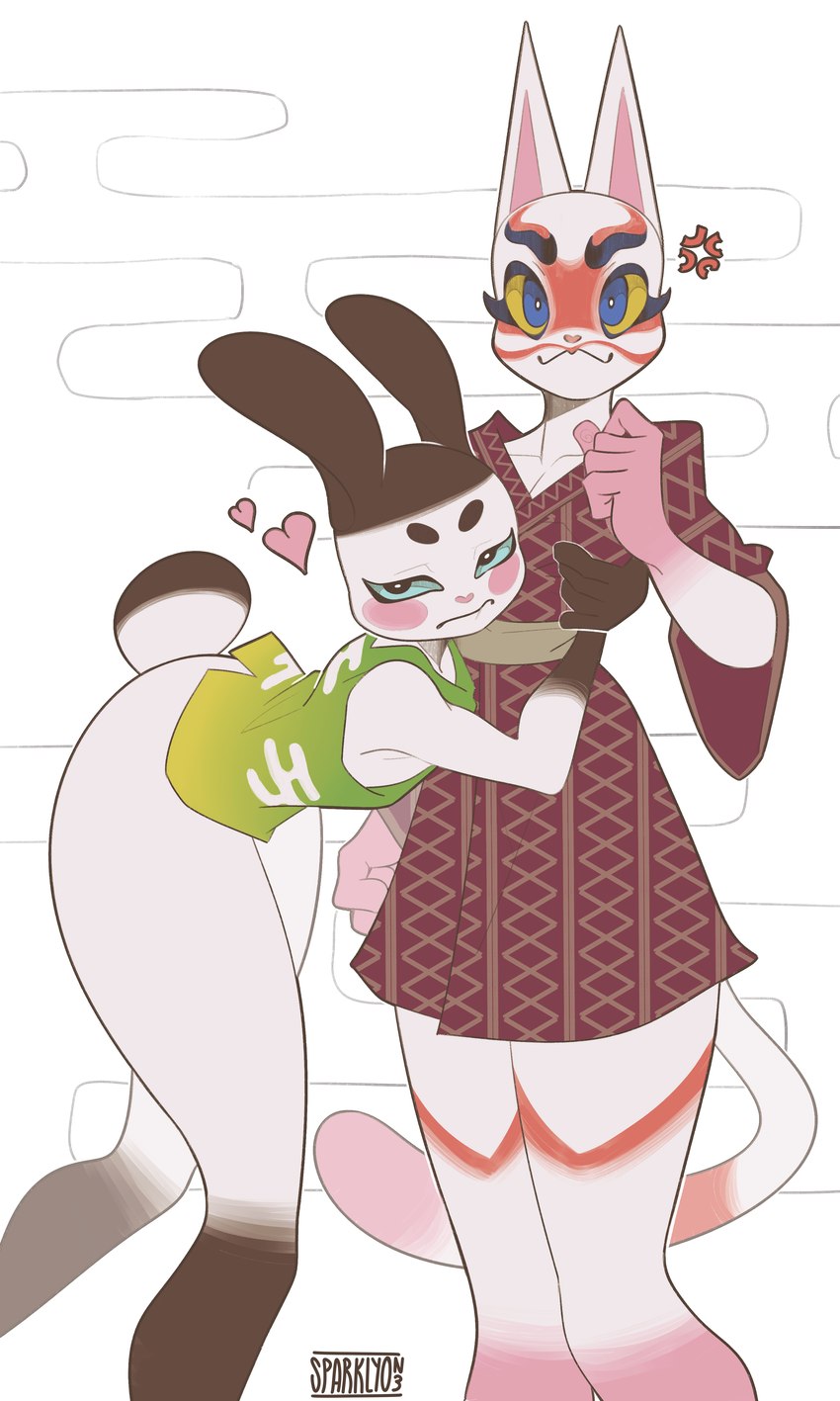 anthro asian_clothing blush brown_markings clothing duo east_asian_clothing hug interspecies japanese_clothing kemono looking_at_viewer male male/male markings pink_markings raised_leg simple_background tail tail_markings white_body sparklyon3 animal_crossing nintendo genji_(animal_crossing) kabuki_(animal_crossing) domestic_cat felid feline felis lagomorph leporid mammal rabbit 2022 3:5 absurd_res hi_res