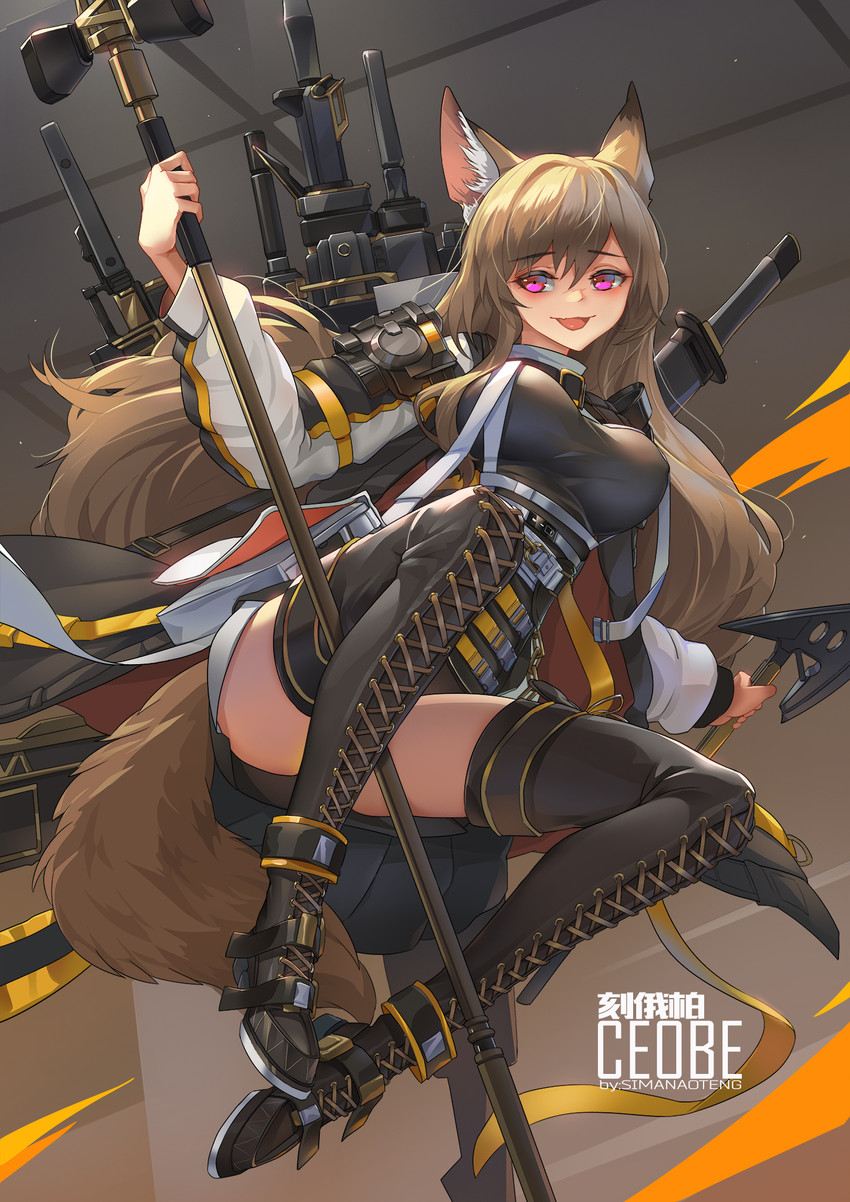 animal_ears axe belt big_breasts boots breasts brown_hair clothing female footwear gun hair holding_axe holding_object holding_staff holding_weapon jacket legwear leotard long_hair looking_at_viewer melee_weapon nipple_outline open_mouth pink_eyes ranged_weapon shoes smile solo staff sword tail thick_thighs thigh_boots thigh_highs topwear weapon weapon_on_back sima_naoteng arknights hypergryph studio_montagne ceobe_(arknights) animal_humanoid canid canid_humanoid humanoid mammal mammal_humanoid tailed_humanoid 2020 hi_res