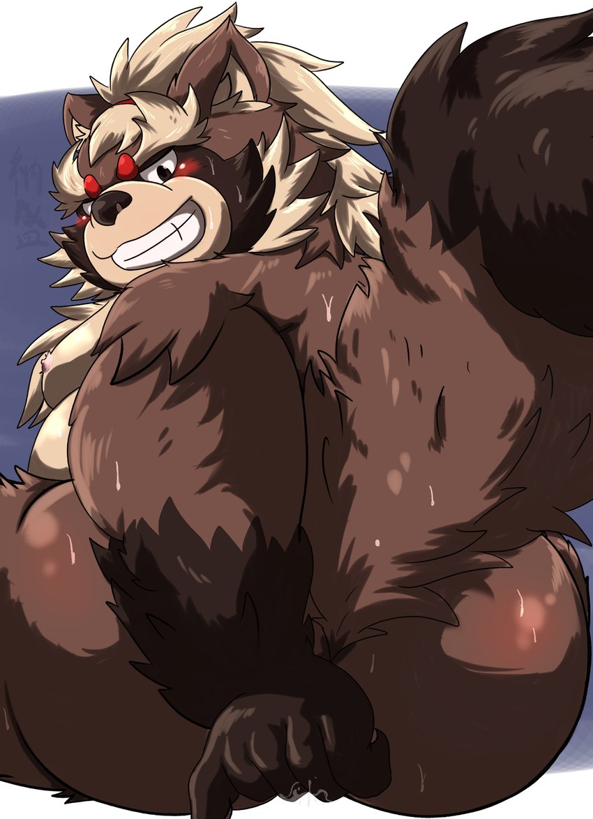 anal anal_fingering anthro big_butt blush brown_body brown_fur butt fingering fingering_self fur grin looking_at_viewer looking_back looking_back_at_viewer male masturbation naughty_face overweight overweight_male smile solo yamatoji201 lifewonders tokyo_afterschool_summoners goemon_(tas) canid canine mammal raccoon_dog tanuki hi_res