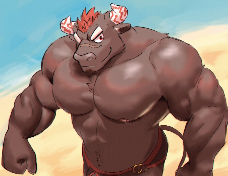 barazoku beach brown_body brown_fur bulge clothing eyebrows facial_hair fur horn male muscular muscular_male nipples pecs red_eyes seaside smile solo soul_patch swimwear episode0006 lifewonders tokyo_afterschool_summoners gyumao_(tas) bovid bovine cattle mammal 2019 absurd_res hi_res