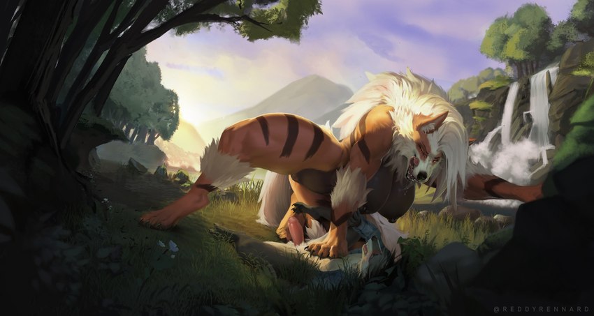 big_breasts big_female blush bodily_fluids breasts dominant dominant_female drooling female female_on_top foreskin forest forest_background genitals male male/female nature nature_background on_top penis pinning_down plant resisting saliva size_difference smaller_male tree undressed reddyrennard nintendo pokemon arcanine canid canine canis generation_1_pokemon mammal pokemon_(species) wolf hi_res