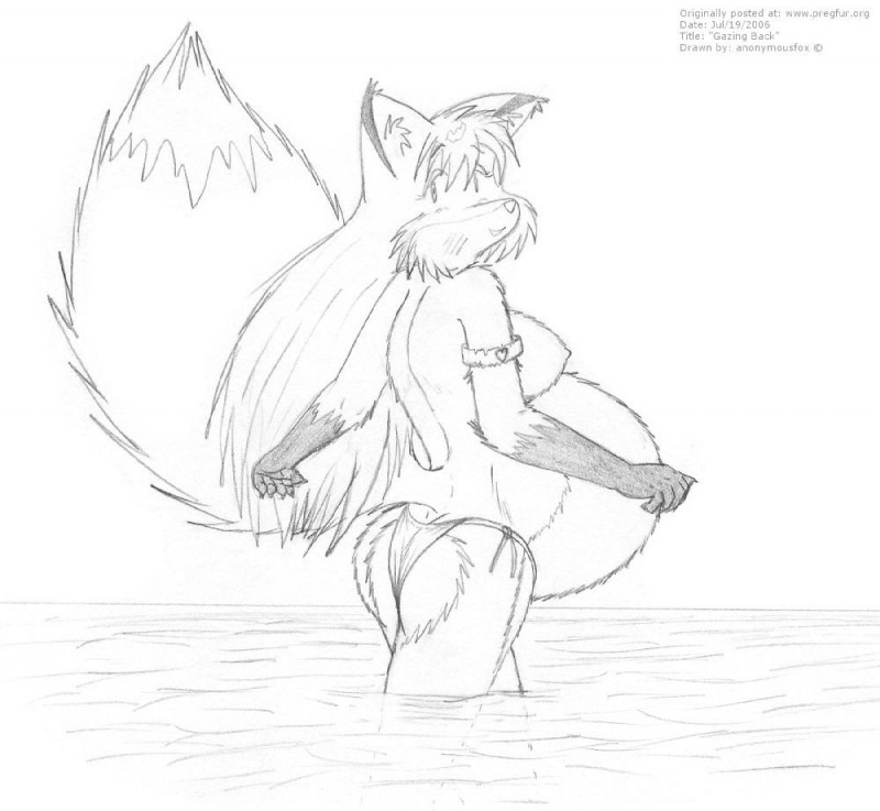 anthro areola armband belly big_belly bikini breasts clothed clothing female fluffy fluffy_tail fur hair nipples pregnant sea solo swimwear tail topless two-piece_swimsuit water leokitsune nancy canid canine fox mammal monochrome sketch