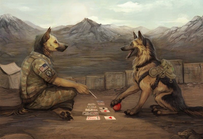 ace_of_diamonds ace_of_hearts ace_of_spades american_flag anthro backpack ball black_body black_fur black_nose black_pawpads blue_sky canton card card_deck card_game claws clothed clothing cloud clubs_(suit) collar crossed_legs desert diamonds_(suit) duo feral flag flag_(shape) flag_design flag_patch fur gaming harness heart_symbol hearts_(suit) holding_card holding_object holding_single_card male military mountain number open_mouth outside patch_(fabric) patched_clothing pawpads paws playing_card rock shirt side_view sitting sky smile solitaire spades_(suit) suit_symbol tan_body tan_fur ten_of_hearts tent tongue tongue_out topwear two_of_clubs united_states_of_america weapon yellow_eyes simul canid canine canis domestic_dog german_shepherd herding_dog malinois_dog mammal pastoral_dog sheepdog 2014 signature