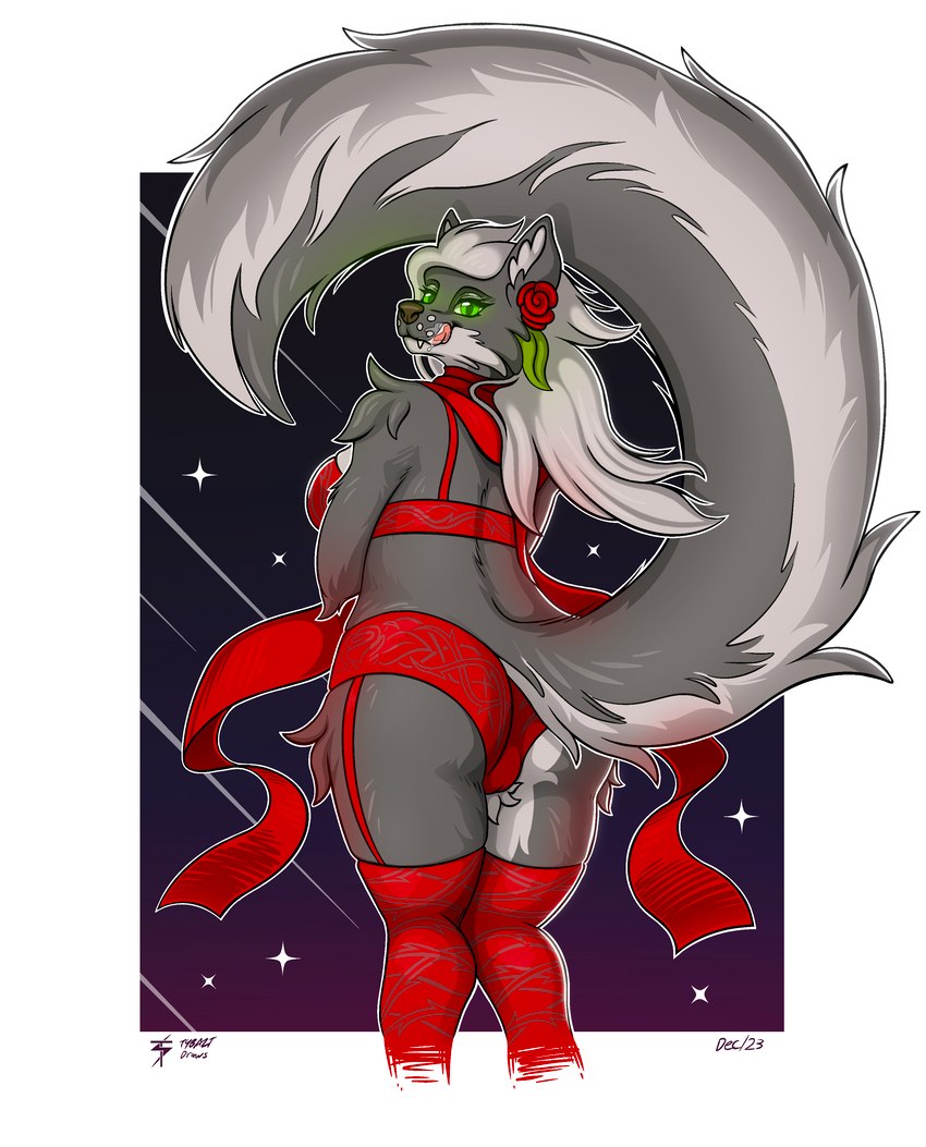 anthro butt clothing female fluffy fluffy_tail fur glowing glowing_eyes green_eyes grey_body grey_fur legwear licking licking_lips lingerie looking_at_viewer scarf simple_background solo stockings tail tongue tongue_out tybalt_draws vulpa_(tybalt_draws) canid canine canis mammal wolf 2023 absurd_res hi_res