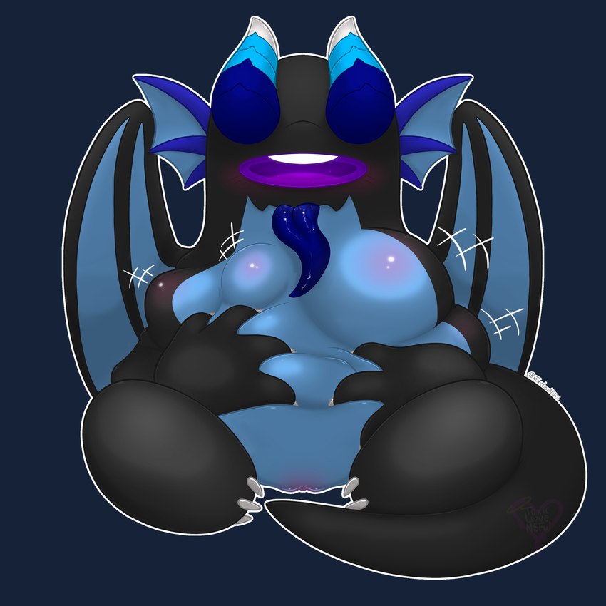 abdominal_bulge belly black_body black_skin blue_body blue_skin claws ear_fins female fin genitals nude purple_eyes pussy simple_background size_difference smile soft_vore solo tail teeth tongue tongue_out vore wings toxic_love_nsfw_(artist) among_us innersloth mythology impostor_(among_us) dragon mythological_creature mythological_scalie scalie 1:1 absurd_res colored digital_drawing_(artwork) digital_media_(artwork) hi_res shaded signature watermark