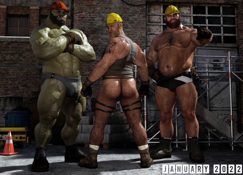 abs armor beard butt construction_worker facial_hair fangs green_body green_skin group hairy hard_hat headgear helmet humanoid_pointy_ears male muscular muscular_humanoid muscular_male nipples pecs pointy_ears teeth trio vein veiny_muscles worker lex-icon human humanoid mammal orc 3d_(artwork) digital_media_(artwork) hi_res