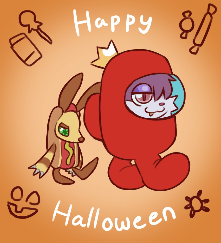 annoyed anthro candy clothing costume crown dessert duo food headgear holidays hot_dog jack-o'-lantern male walking klonoaking among_us bandai_namco halloween innersloth klonoa_(series) crewmate_(among_us) kk_(klonoaking) popka arachnid arthropod canid canine canis domestic_cat domestic_dog felid feline felis hybrid lagomorph leporid mammal rabbit spider hi_res