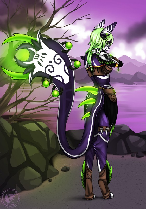 anthro biped detailed_background ear_piercing female fur glowing green_eyes green_hair hair lake magic_user mountain nature outside piercing purple_body purple_fur rear_view rock shaman sky solo standing tribal_spellcaster eliana-asato jackthekipper natalie_virus 2014 hi_res