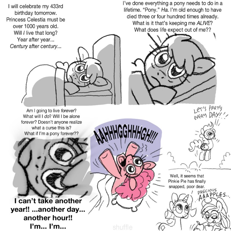 bed cutie_mark female feral fur furniture group horn madness pink_body pink_fur text shuffle001 friendship_is_magic hasbro my_little_pony mythology applejack_(mlp) pinkie_pie_(mlp) rarity_(mlp) earth_pony equid equine horse mammal mythological_creature mythological_equine pony unicorn 1:1 comic digital_drawing_(artwork) digital_media_(artwork) english_text