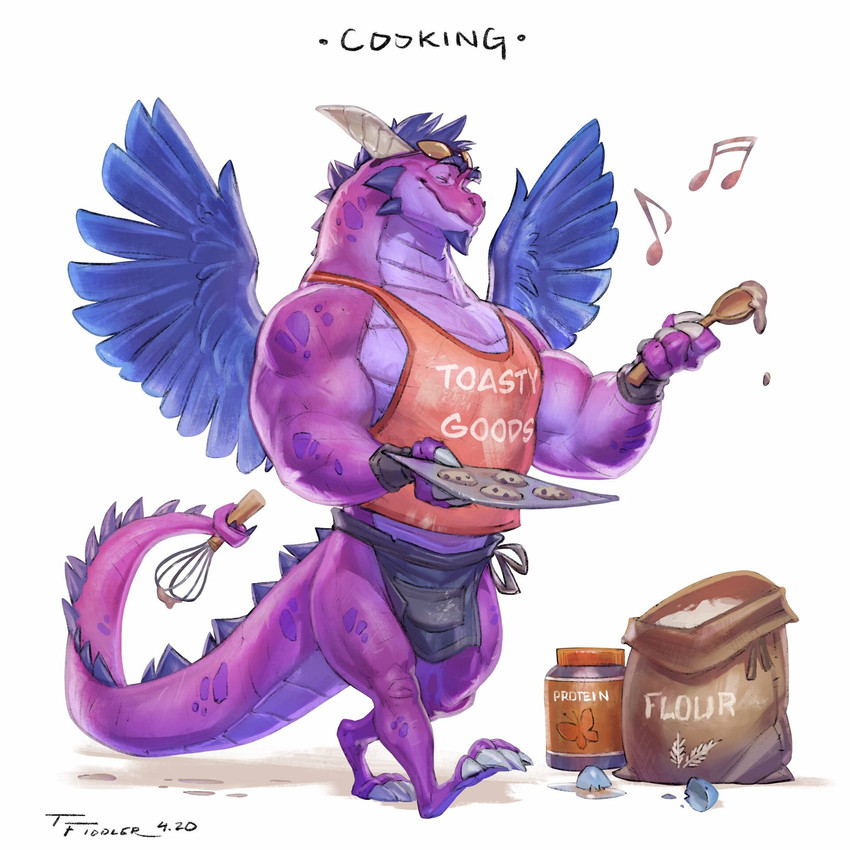 4_claws 4_fingers anthro apron biceps blue_body blue_feathers blue_wings claws clothed clothing cookie cooking cutlery egg eggshell eyewear feathered_wings feathers finger_claws fingers flour food hair holding_spoon holding_tray horn kitchen_utensils male muscular muscular_anthro muscular_male musical_note musical_symbol pecs pink_body protein purple_body purple_scales purple_tail scales shirt simple_background smile solo spoon sunglasses symbol tail tank_top toe_claws tools topwear walking whisk wings taran_fiddler mythology dragon mythological_creature mythological_scalie scalie 1:1 2020 digital_media_(artwork) hi_res