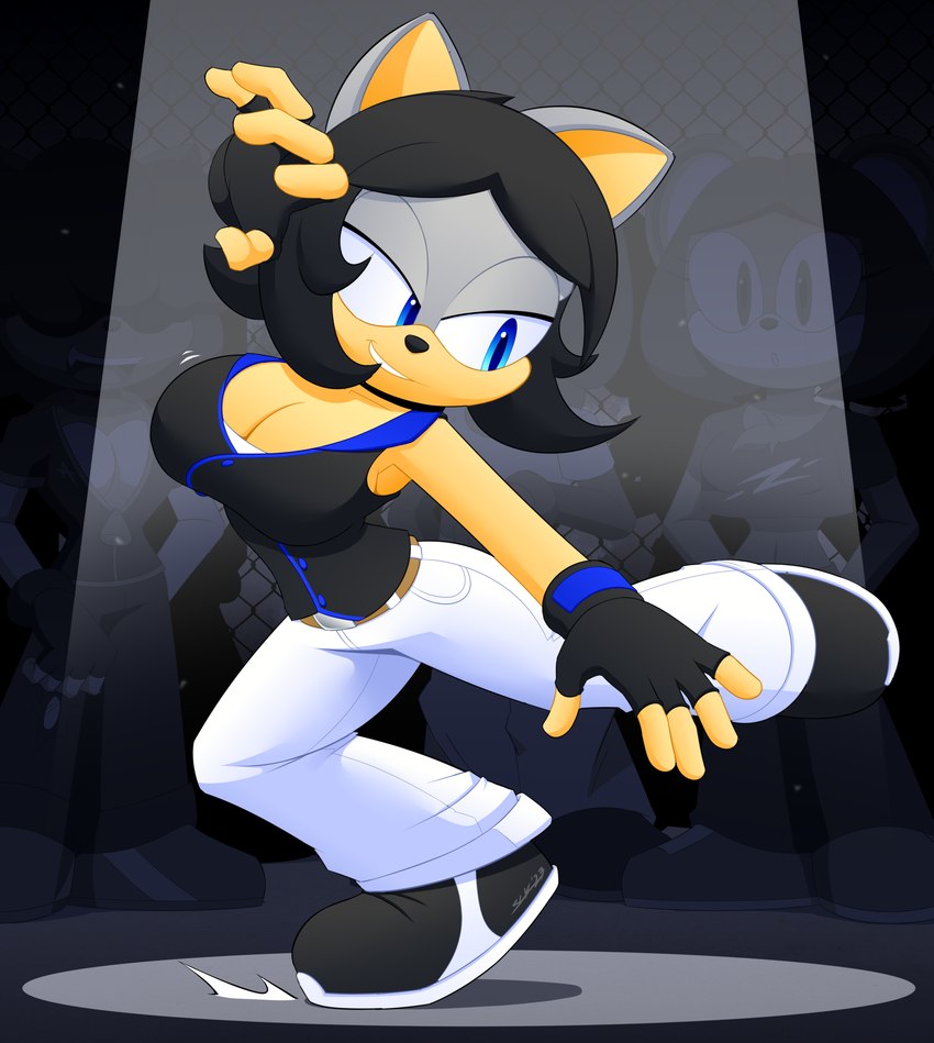 5_fingers black_clothing black_topwear bottomwear breasts cleavage clothed clothing crowd dancing female female_focus fingerless_gloves fingers footwear gloves group handwear pants plantigrade shoes solo_focus spotlight topwear white_bottomwear white_clothing white_pants slickehedge sega sonic_the_hedgehog_(series) makia eulipotyphlan hedgehog mammal 2023 absurd_res digital_media_(artwork) hi_res