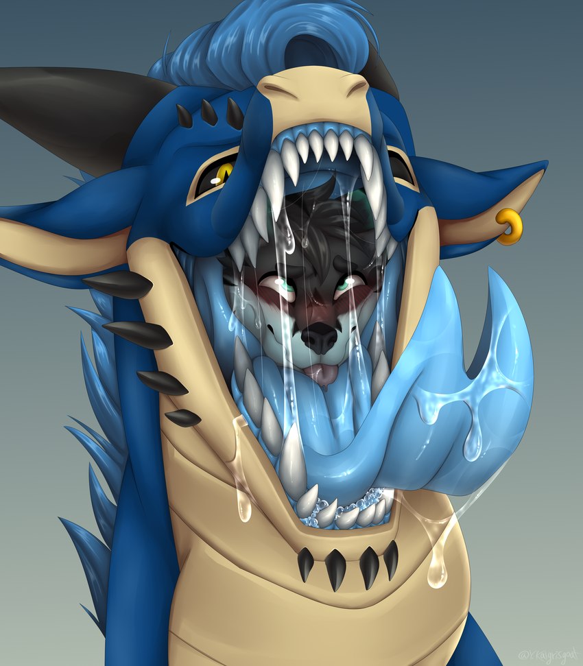 amber_eyes anthro aroused aroused_face aroused_male aroused_prey black_body black_fur black_hair black_horn blue_body blue_hair blue_internal blue_mane blue_membrane bodily_fluids drooling duo ear_piercing feral fur gold_piercing green_eyes hair head_in_mouth horn imminent_vore internals looking_at_viewer looking_pleasured male male/male mane membrane_(anatomy) mouth_shot open_mouth oral_head_gulp oral_vore piercing predator/prey saliva scales size_difference spikes spikes_(anatomy) swallowing tan_body tan_chest tan_scales teasing teasing_viewer teasing_with_mouth teeth throat tongue tongue_out vore white_body white_fur y.kaila european_mythology mythology drembonaarkrah volkkami canid canine canis dragon mammal mythological_creature mythological_scalie scalie western_dragon wolf absurd_res hi_res