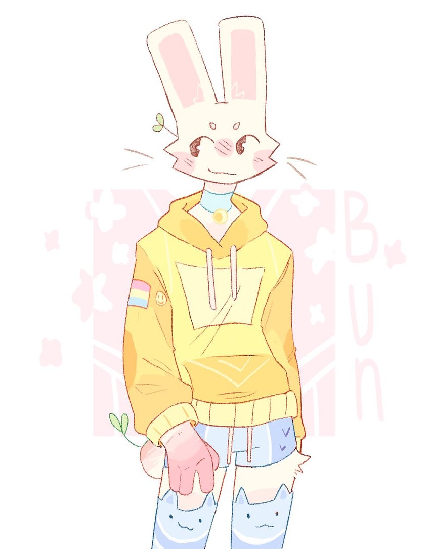 black_eyes blush blush_lines clothing fur hoodie looking_up male pink_inner_ear slim_anthro slim_male solo topwear white_body white_fur yellow_clothing yellow_hoodie yellow_topwear bunonthemoon lagomorph leporid mammal rabbit 2023 hi_res