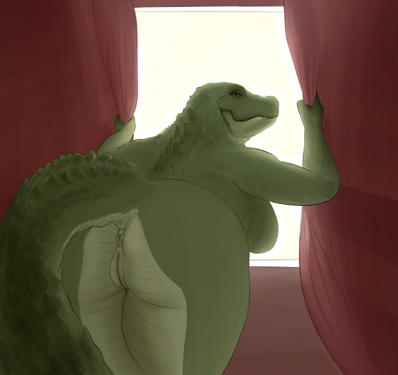 anthro anus bedroom_eyes breasts butt female genitals half-closed_eyes looking_at_viewer looking_back narrowed_eyes non-mammal_breasts nude presenting presenting_hindquarters pussy seductive sharp_teeth smile solo teeth window doctordj olivia_(doctordj) alligator alligatorid crocodilian reptile scalie hi_res