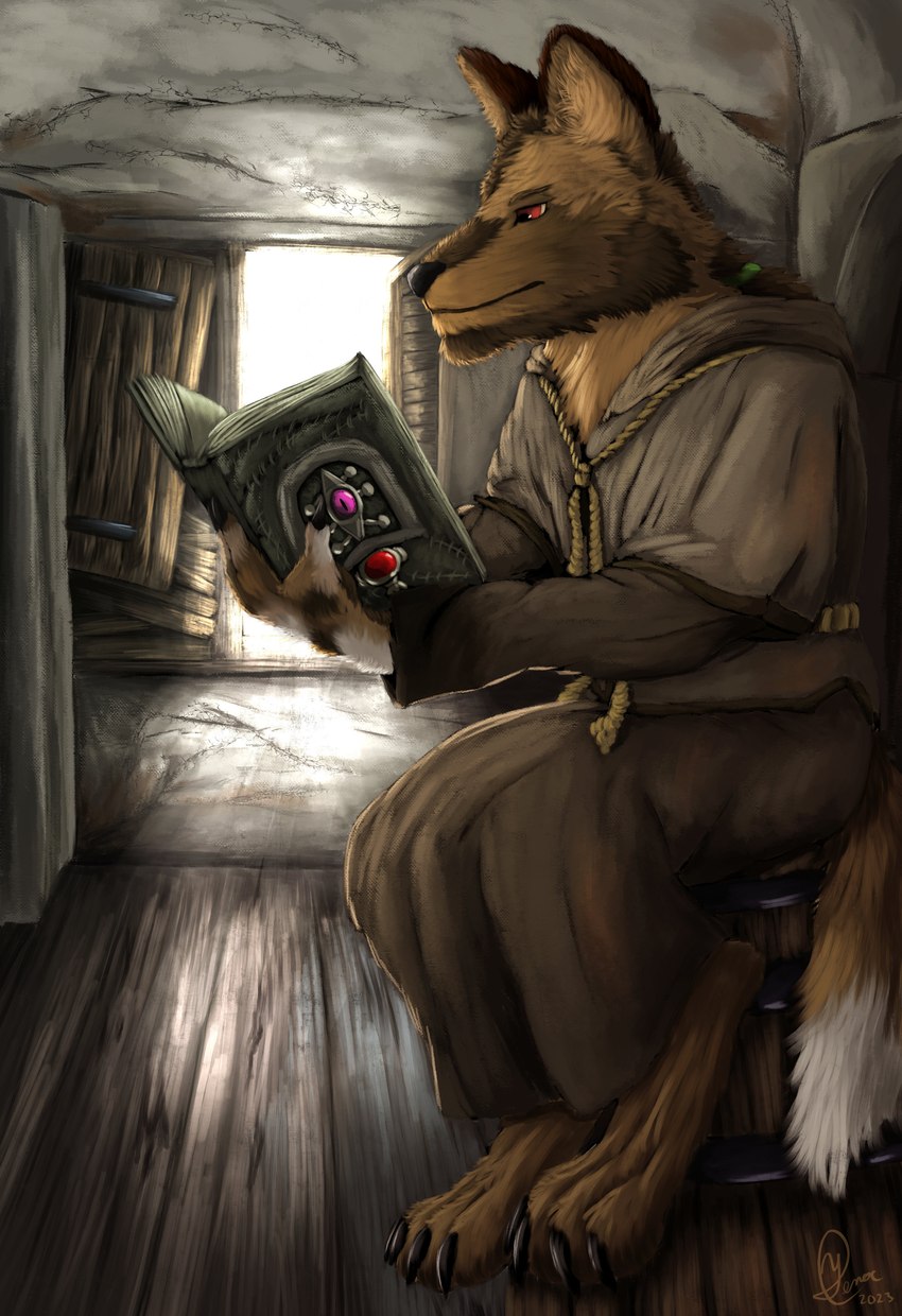 anthro backlighting barrel beard brown_body brown_fur clothing cracked_wall facial_hair floor fur gem grimoire hair inside light long_hair male monastery open_window red_eyes robe rope sitting solo text wood wood_floor yenocwolf secrets_of_uncrom uncrom serk_(uncrom) african_wild_dog canid canine canis dire_wolf hybrid llingor_dercas mammal prehistoric_species valtalska_dercas absurd_res concept_art english_text hi_res lighting portrait