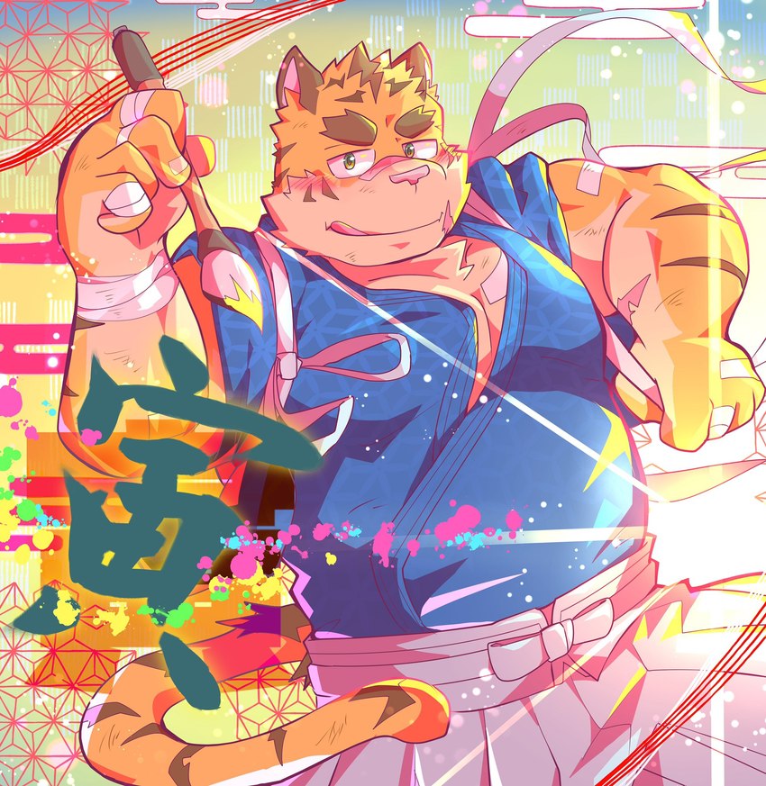 anthro asian_clothing band-aid bandage belly brush clothing east_asian_clothing holding_ink_brush ink_brush japanese_clothing kemono male overweight overweight_male pink_nose solo sansan_ocha chinese_zodiac year_of_the_tiger felid mammal pantherine tiger 2022 hi_res