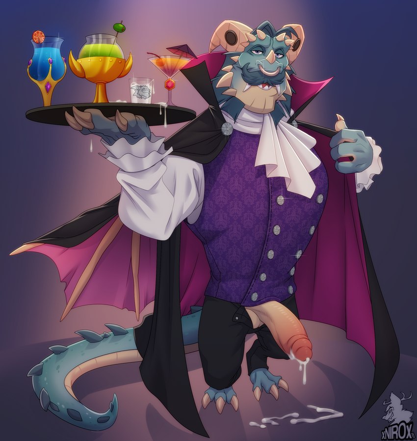 alcohol anthro balls beverage blue_body blue_hair bodily_fluids claws clothing cocktail costume cum cum_in_a_cup cum_in_container erection facial_hair facial_piercing genital_fluids genitals hair male mustache nose_piercing nose_ring penis piercing presenting ring_piercing simple_background solo tail vampire_costume conditional_dnp xnirox activision mythology spyro_reignited_trilogy spyro_the_dragon gavin_(spyro) rescued_dragons_(spyro) dragon mythological_creature mythological_scalie scalie hi_res