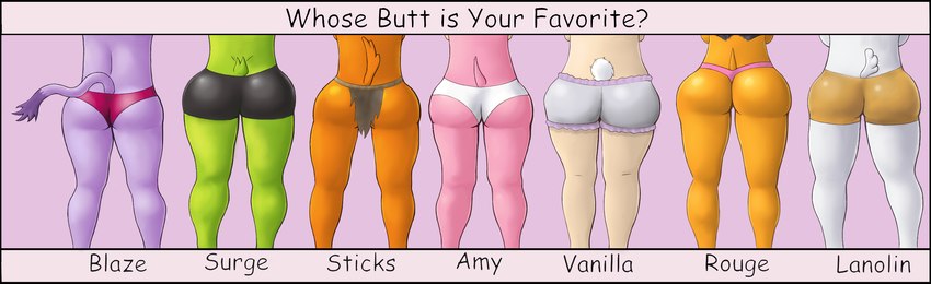 anthro big_butt bloomers bottomwear butt chart clothing comparing comparing_butts comparison female green_body group lineup loincloth orange_body panties pink_body purple_body rear_view tail tan_body text thick_thighs thong underwear white_body knotabee idw_publishing sega sonic_boom sonic_the_hedgehog_(comics) sonic_the_hedgehog_(idw) sonic_the_hedgehog_(series) amy_rose blaze_the_cat lanolin_the_sheep_(sonic) rouge_the_bat sticks_the_jungle_badger surge_the_tenrec vanilla_the_rabbit afrosoricid badger bat bovid caprine eulipotyphlan felid hedgehog humanoid lagomorph leporid mammal mustelid musteline rabbit sheep tenrec english_text hi_res