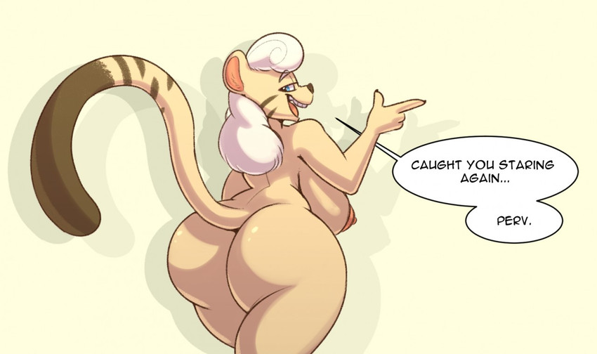 anthro big_breasts big_butt breasts butt curvy_figure dialogue female huge_breasts huge_butt mature_anthro mature_female nipples open_mouth rear_view smile solo text thick_thighs voluptuous komdog janet_q felid mammal english_text