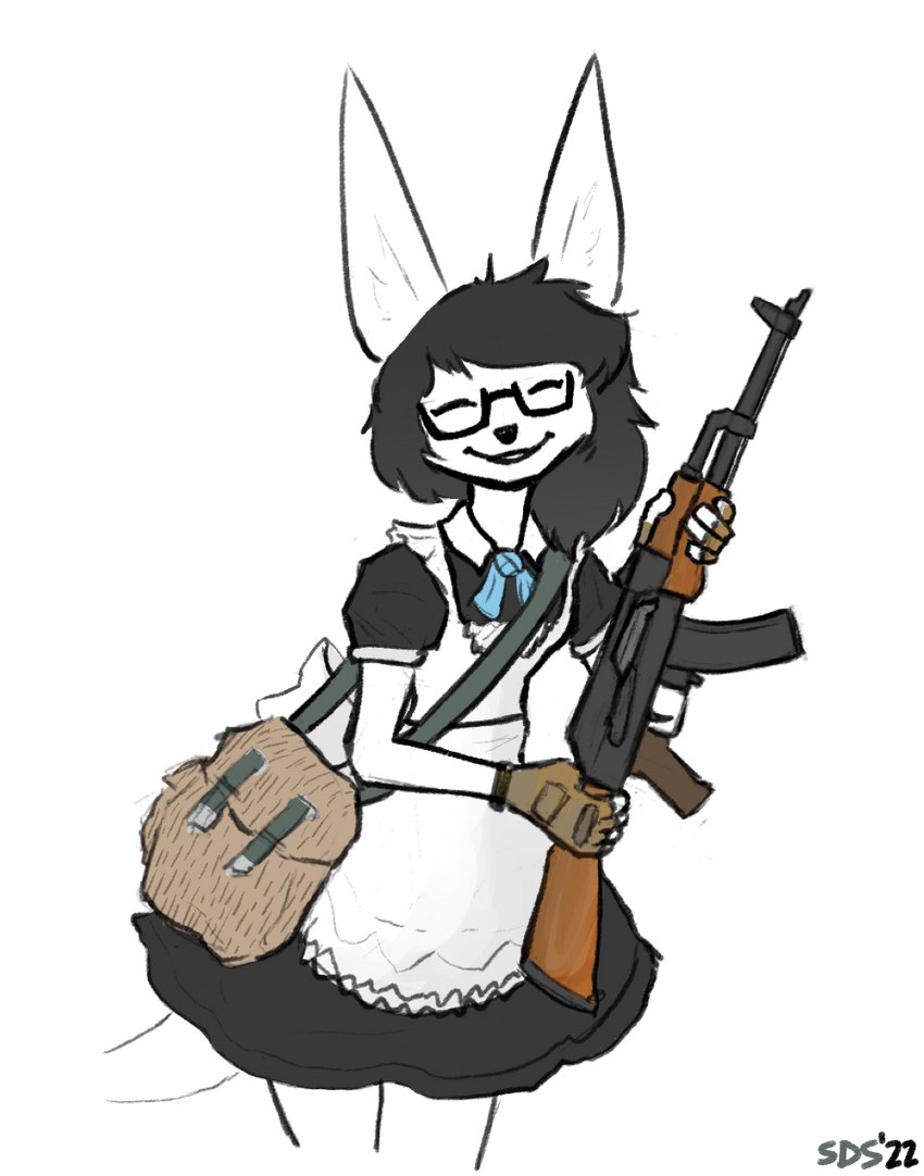 accessory ak-47 ak_platform anthro assault_rifle blue_ribbon bow_ribbon clock clothed clothing eyewear female fingers fur fur_tuft glasses gloves grey_hair gun hair handwear holding_gun holding_object holding_ranged_weapon holding_weapon inner_ear_fluff maid_uniform pouch_(clothing) ranged_weapon ribbons rifle simple_background smile solo standing tactical_gloves tail text topwear tuft uniform watch weapon white_background white_body white_fur wristwatch spacedimsum morgan's_skate_club morgan_mco'nielson chimera hybrid mammal 2022 digital_media_(artwork) english_text hi_res