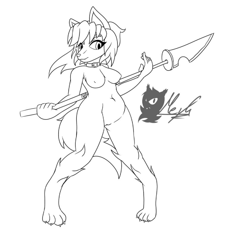 anthro barefoot big_breasts biped breasts casual_nudity feet female fluffy fluffy_tail fur genitals glaive hair melee_weapon nipples nude polearm pussy simple_background slightly_chubby solo standing tail thick_thighs weapon alonwoof meyk bare_sands alon canid canine canis lobani mammal wolf 1:1 2019 digital_media_(artwork) hi_res line_art monochrome