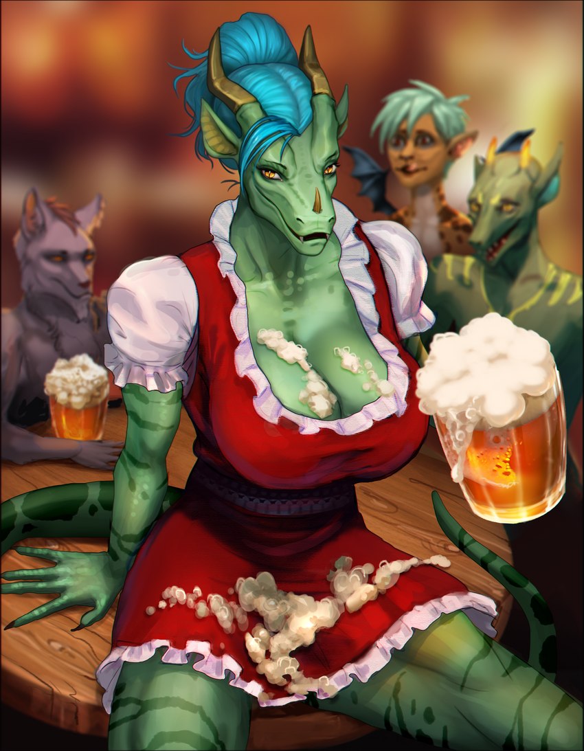 alcohol anthro barmaid beer beverage blue_hair breasts claws clothed clothing costume cybernetics facial_horn female green_body green_eyes green_scales group hair horn looking_at_viewer machine orange_eyes scales smile solo tail xestrago mythology diana_digma cyborg dragon hybrid mythological_creature mythological_scalie scalie absurd_res hi_res