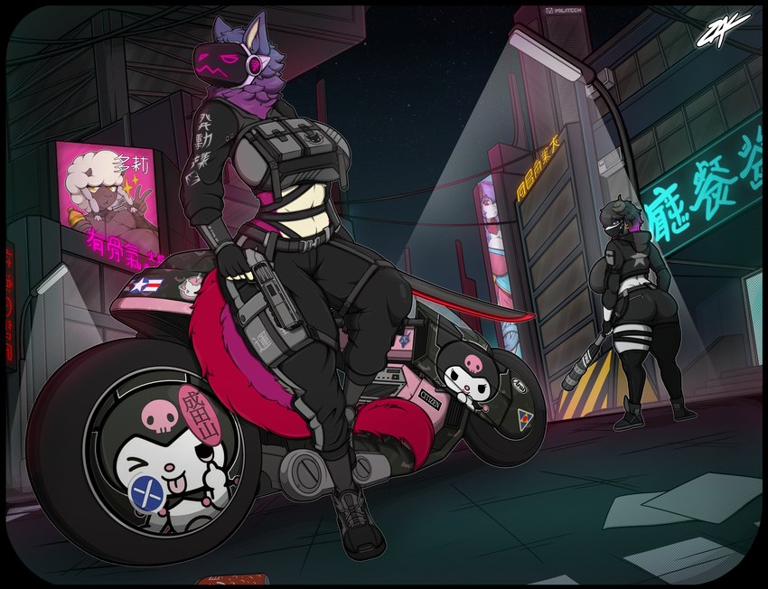 anthro baseball_bat bat_(object) big_breasts black_hair bottomwear breasts butt city city_background clothing duo ear_piercing ear_ring female fur hair horn jacket machine mask melee_weapon motorcycle outside pants piercing purple_body purple_fur ring_piercing standing sword text topwear vehicle weapon wearing_mask white_body zak_hitsuji akira_(film) cd_projekt_red cyberpunk_2077 onegai_my_melody sanrio dolly_(jiqqy) kuromi tai_(zak_hitsuji) bovid caprine demon goat mammal protogen sheep absurd_res chinese_text digital_drawing_(artwork) digital_media_(artwork) hi_res signature