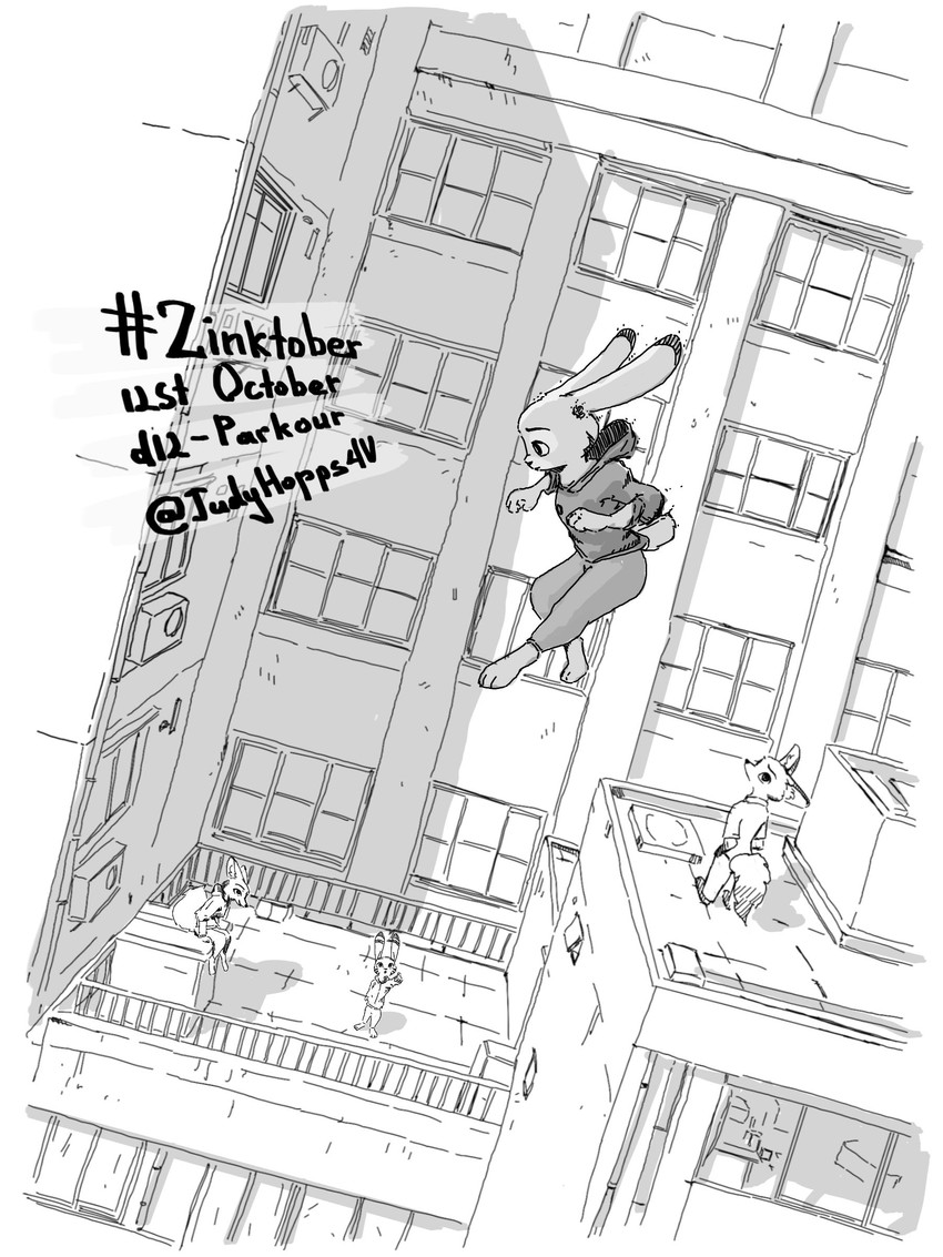 anthro barefoot building clothed clothing detailed_background dutch_angle ear_markings facial_markings feet female fully_clothed fur head_markings male markings midair outside parkour text window judyhopps44 disney inktober zootopia jack_savage judy_hopps nick_wilde skye_(zootopia) arctic_fox canid canine fox lagomorph leporid mammal rabbit red_fox true_fox 2020 3:4 absurd_res english_text hi_res monochrome signature