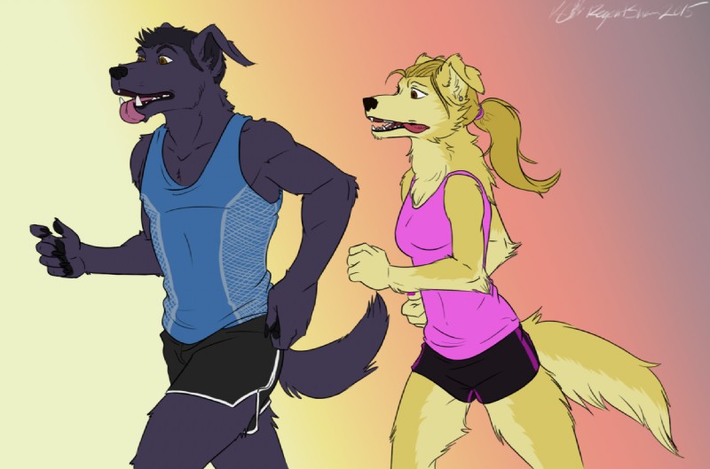 anthro clothed clothing duo female fur hair jogging male open_mouth standing tongue tongue_out regentshaw canid canine canis domestic_dog mammal