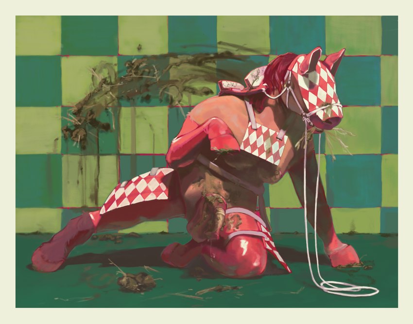 animal_genitalia animal_penis anthro bdsm bondage_gear bondage_gloves bridle checkered checkered_background clothing equine_genitalia equine_penis feces genitals hair handwear hay hoof_gloves latex latex_clothing latex_legwear legwear mask pattern_background penis red_hair simple_background smearing_feces solo contort_desire equid equine horse mammal hi_res trans_(lore) trans_woman_(lore)