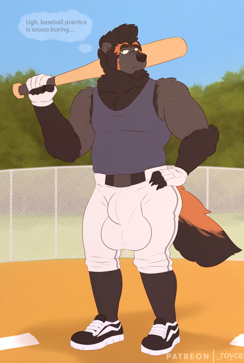 anthro balls baseball_(sport) baseball_bat bat_(object) beard big_balls black_body black_fur black_hair bottomwear claws clothed clothing facial_hair footwear fur genitals gloves grey_body grey_fur hair hand_on_hip handwear huge_balls legwear male muscular muscular_male orange_body orange_fur outline shirt shoes socks solo sport tank_top text thought_bubble topwear unimpressed rine royce_hayes gulonine mammal mustelid musteline wolverine digital_media_(artwork) hi_res