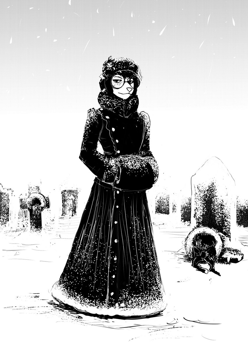 alternative_fashion anthro cemetery clothing dress eyewear female glasses goth holidays snow solo tombstone winter_coat wreath hladilnik christmas mary_ann_(hladilnik) american_opossum mammal marsupial black_and_white hi_res monochrome