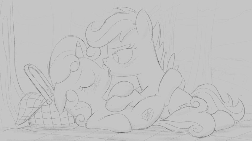 basket blush bodily_fluids container duo female female/female feral french_kissing horn kissing nose_to_nose picnic picnic_basket picnic_blanket saliva unicorn_horn wings young young_on_young dtcx97 friendship_is_magic hasbro my_little_pony mythology scootaloo_(mlp) sweetie_belle_(mlp) equid equine mammal mythological_creature mythological_equine pegasus unicorn hi_res monochrome sketch