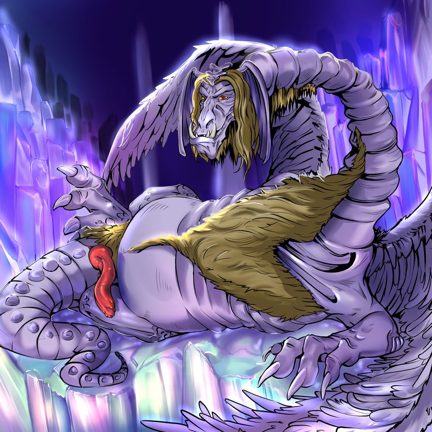 animal_genitalia chest_fur cloaca erection fangs feathered_wings feathers genitals hair knot long_hair looking_at_viewer male mature_male penis red_eyes solo tail teeth tusks wings r4t1cky lunar_(series) mythology quark_(character) dragon mythological_creature mythological_scalie scalie 1:1 hi_res