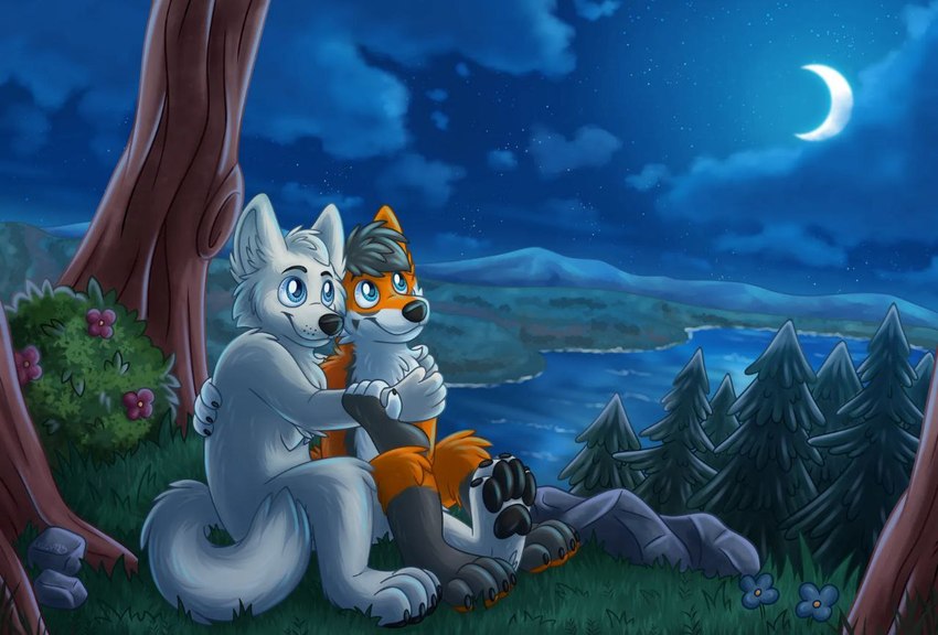 anthro duo fur lake light male male/male moon moonlight mountain night romantic romantic_couple white_body white_fur oggythefox shadel_fox wolfdog_whitewolf canid canine canis fox hybrid mammal red_fox true_fox wolf wolfdog