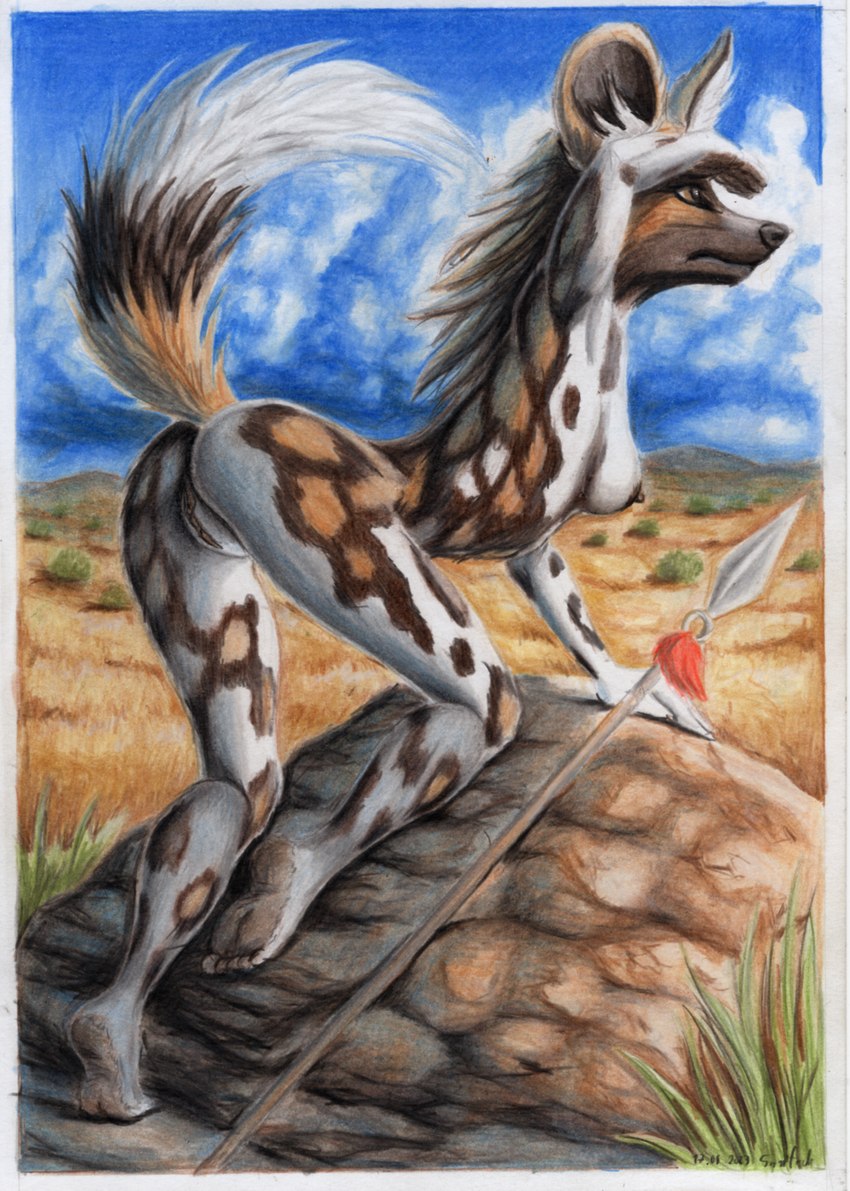 anthro breasts butt cloud colored_pencil feet female genitals grass hunting looking_away melee_weapon multicolored_body narrowed_eyes nipples outside plant plantigrade polearm presenting presenting_hindquarters pussy rock side_boob sky solo spear tail weapon syntech african_wild_dog canid canine mammal 2023 colored_pencil_(artwork) hi_res traditional_media_(artwork)