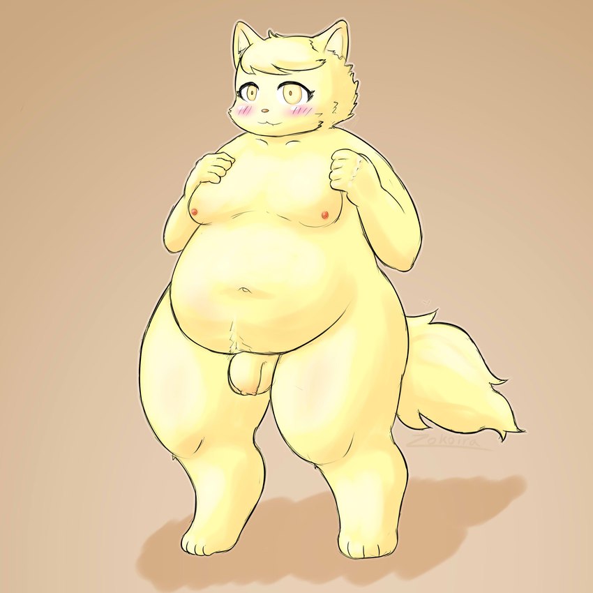 anthro belly blush flaccid foreskin fur genitals male moobs navel nipples overweight penis solo yellow_body yellow_eyes yellow_fur young zokoira cyberconnect2 fuga:_melodies_of_steel little_tail_bronx boron_brioche domestic_cat felid feline felineko felis mammal 1:1 absurd_res hi_res