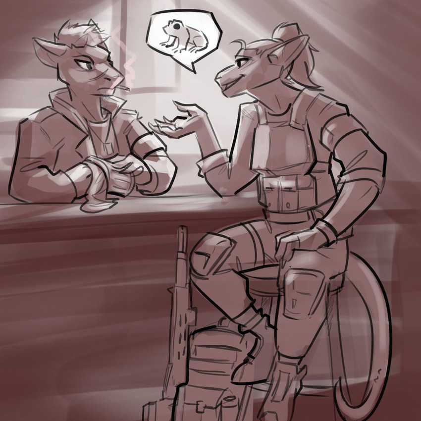 anthro armor backpack bar bar_stool bartender biped body_armor cigarette clothed clothing container cup detailed_background digitigrade duo eye_contact female footwear furgonomic_footwear furgonomics furniture gun hair inside jacket knee_pads looking_at_another mug on_stool ponytail popped_collar rag ranged_weapon rifle shoes short_hair sitting smoking smoking_cigarette speech_bubble standing stool topwear weapon raemyshu project_silverfish amphibian frog inheritor lizard reptile scalie 1:1 hi_res restricted_palette