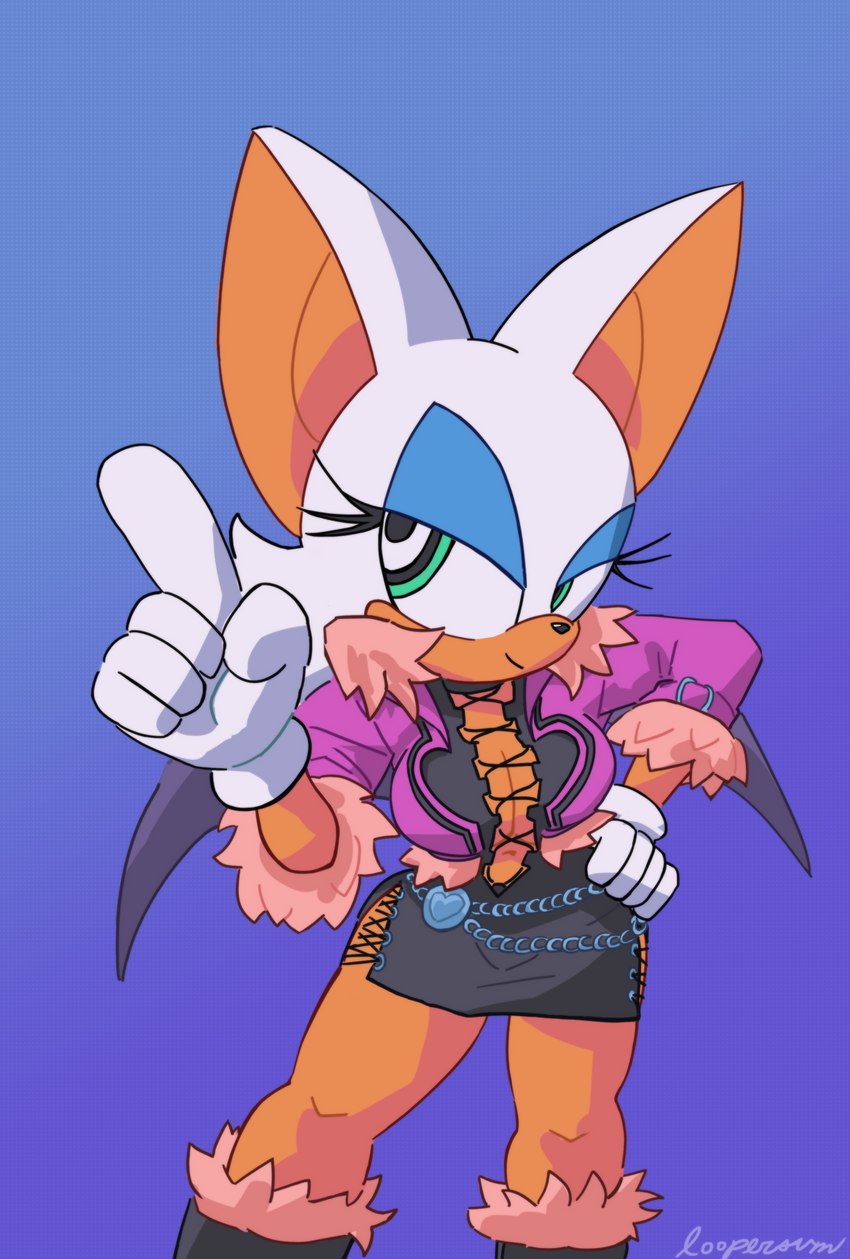 anthro breasts cleavage clothed clothing cosplay female gesture hand_gesture pointing solo teal_eyes wings loopersum king_of_fighters sega snk sonic_the_hedgehog_(series) rouge_the_bat shermie bat mammal hi_res