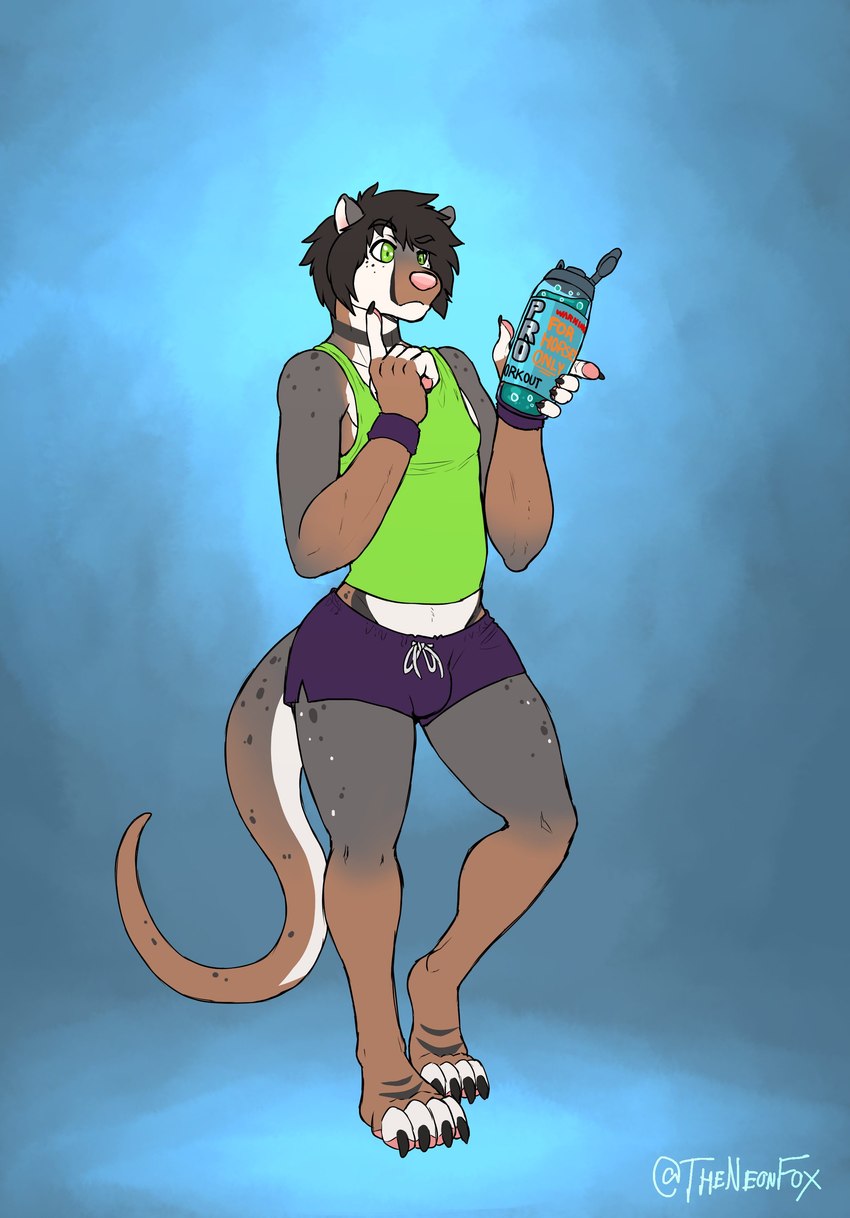 anthro beverage bottomwear clothing femboy holding_beverage holding_object male shirt shorts simple_background solo standing tank_top text topwear theneonfox beaux_(acolath) mammal mustelid otter 2021 absurd_res english_text hi_res